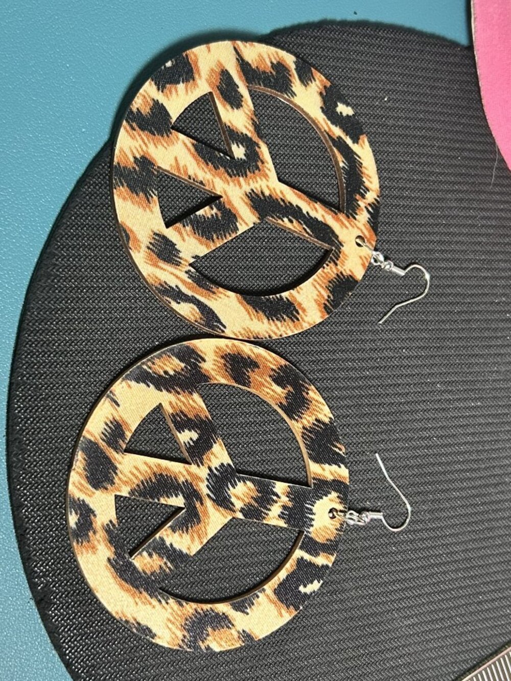 Cheetah Print Wooden Peace Sign Drop Hoop Earrings Large Lightweight Boho